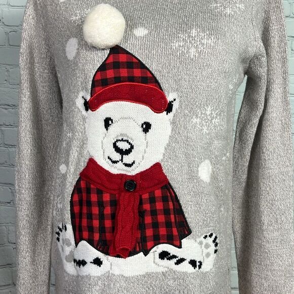Karen Scott Bear Applique Holiday Christmas Sweater buffalo check scarf large - Picture 2 of 6